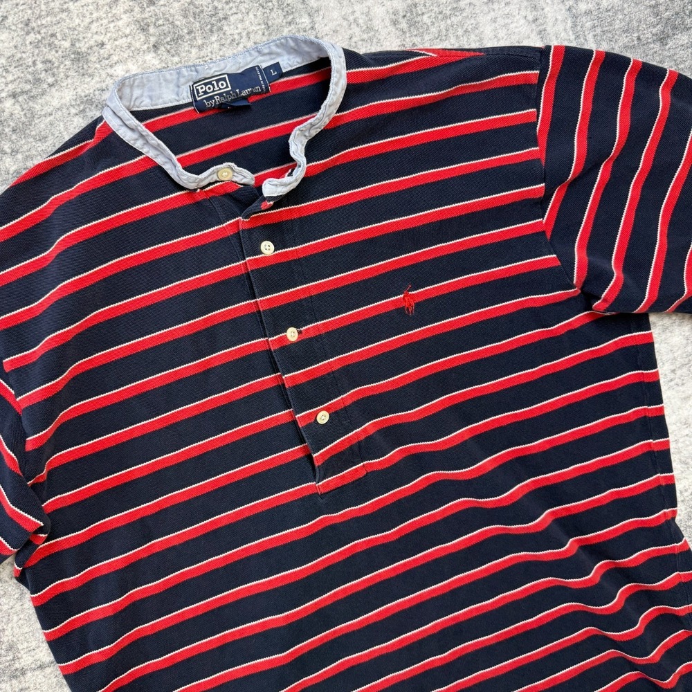 VTG 90s Polo Ralph Lauren Shirt Mens Large Henley Band Collar Pique Knit Striped